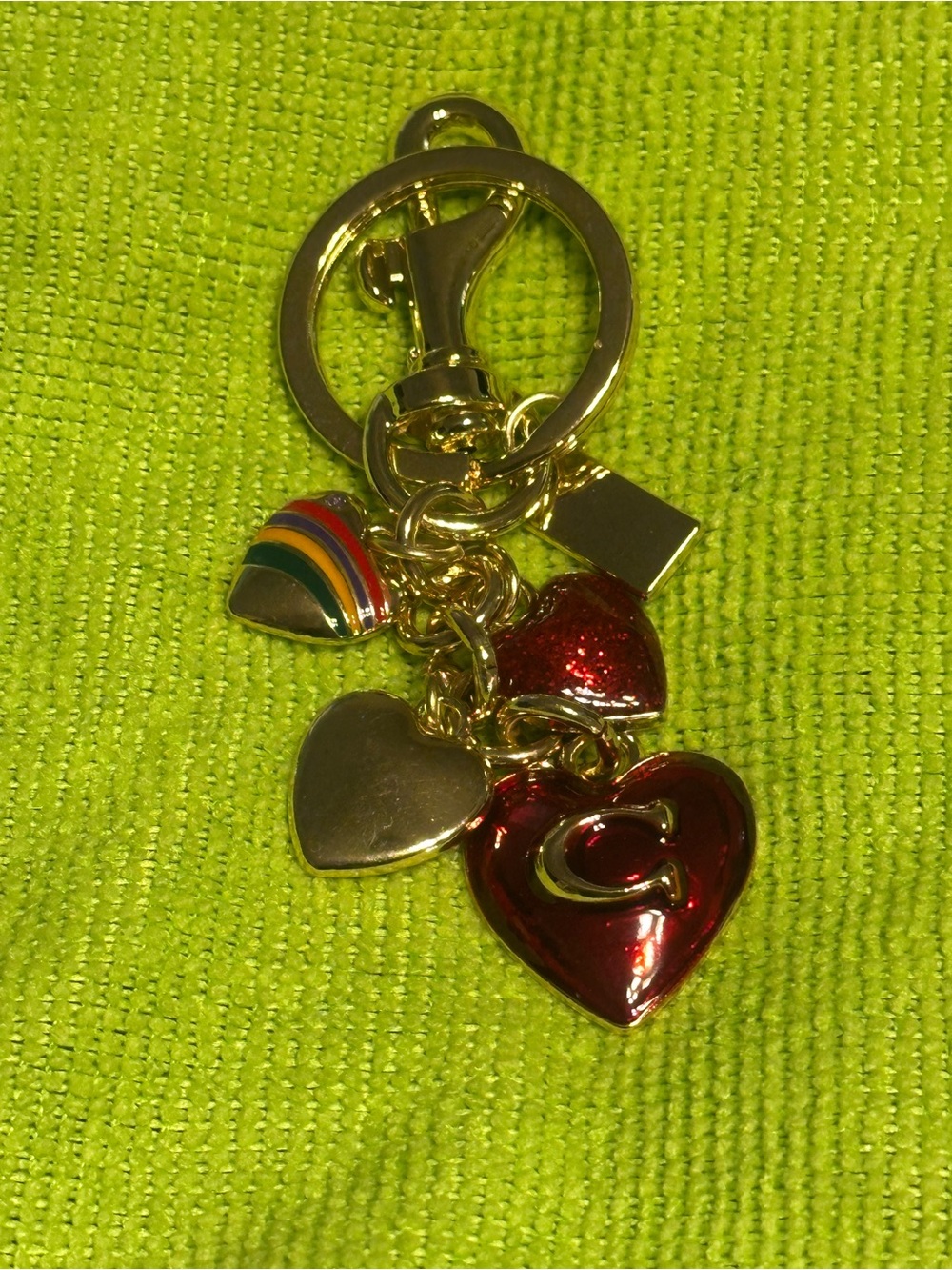Gold fashion Keyring Charm with Red Heart and Rainbow Accent